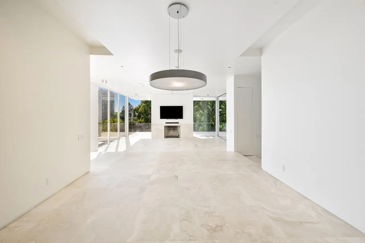 Bright modern living room with ceramic tile floor in New Jersey