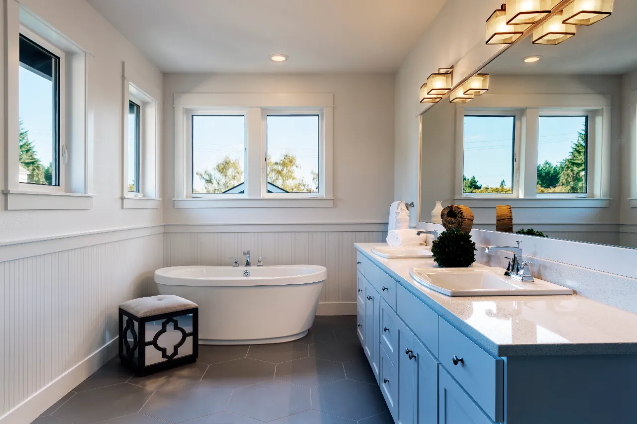 Clean and bright bathroom interior with a tub in New Jersey