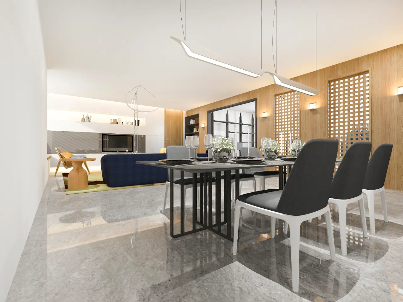 Modern dining room with ceramic tile floor in New Jersey